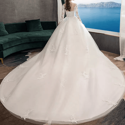 Long Sleeve Mesh Cathedral Train Wedding Dress - Mura Boutique