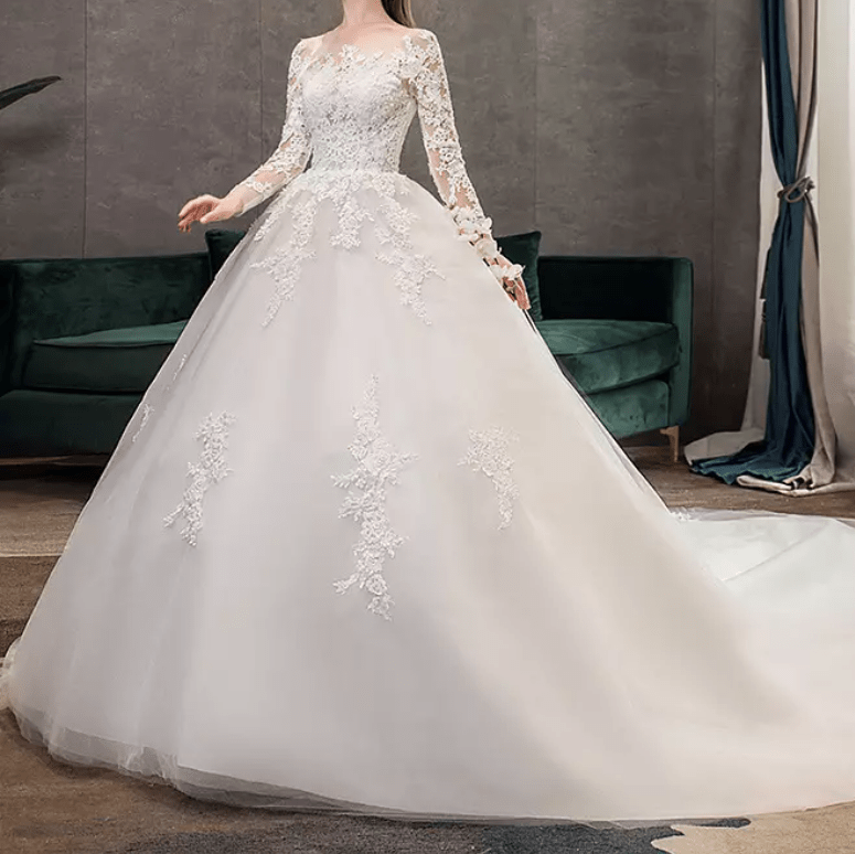 Long Sleeve Mesh Cathedral Train Wedding Dress - Mura Boutique