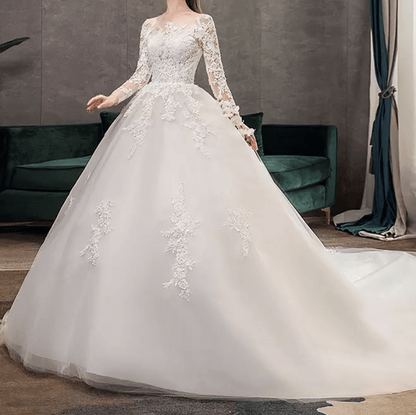 Long Sleeve Mesh Cathedral Train Wedding Dress - Mura Boutique