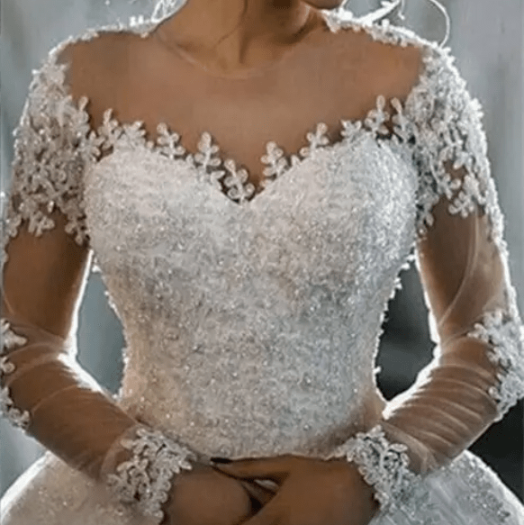 Long Sleeve Mesh Floral Embroidery Ball Wedding Dress - Mura Boutique