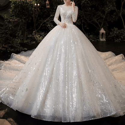 Long Sleeve Sequin Cathedral Train Wedding Dress - Mura Boutique