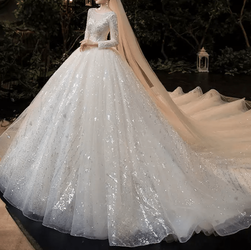 Long Sleeve Sequin Cathedral Train Wedding Dress - Mura Boutique