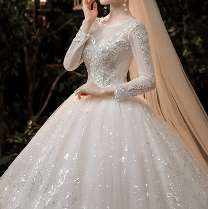 Long Sleeve Sequin Cathedral Train Wedding Dress - Mura Boutique