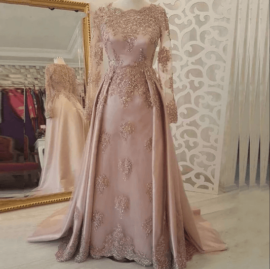 Long Sleeve Sheer Lace Embroidery Evening Gown - Mura Boutique