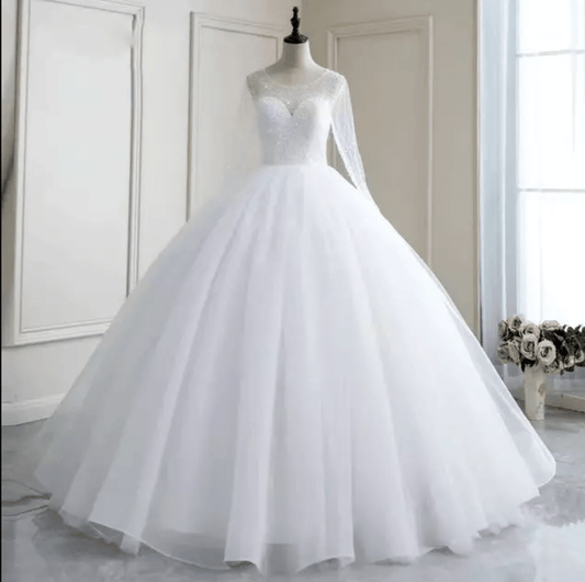 Long Sleeve Sheer Sweetheart Cathedral Train Wedding Dress - Mura Boutique