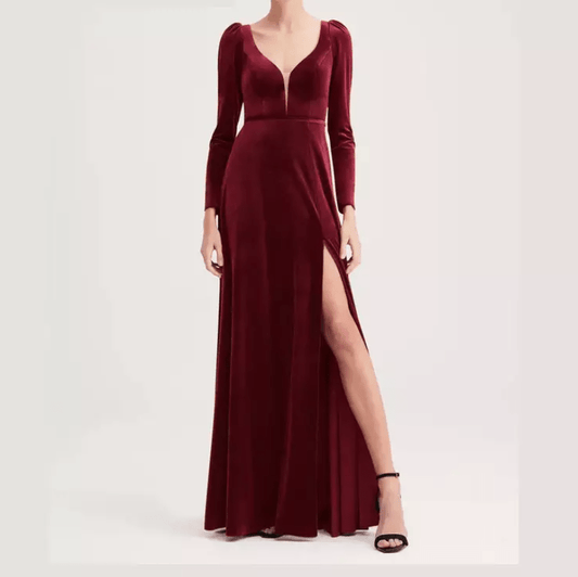 Long Sleeve Velvet Plunging Neckline Slit Evening Gown - Mura Boutique