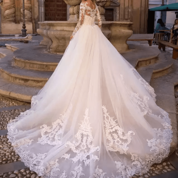 Long Sleeves Floral Lace Mermaid with Skirt Wedding Dress - Mura Boutique