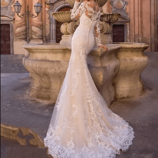 Long Sleeves Floral Lace Mermaid with Skirt Wedding Dress - Mura Boutique