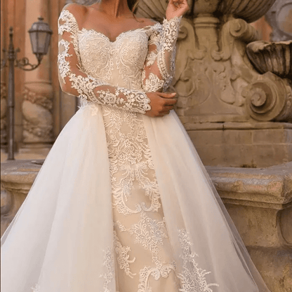 Long Sleeves Floral Lace Mermaid with Skirt Wedding Dress - Mura Boutique