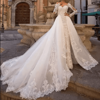 Long Sleeves Floral Lace Mermaid with Skirt Wedding Dress - Mura Boutique