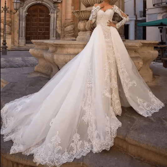 Long Sleeves Floral Lace Mermaid with Skirt Wedding Dress - Mura Boutique