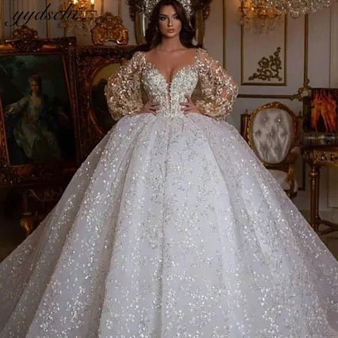 Luxury Illusion Floral Wedding Dress - Mura Boutique