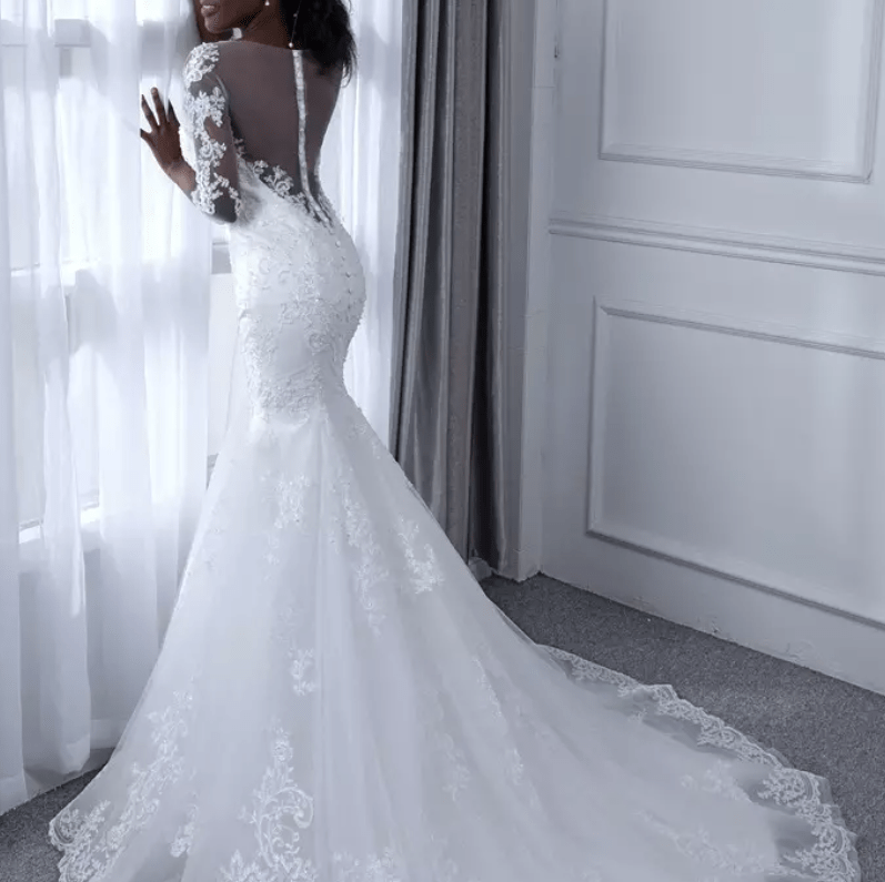 Mesh Three - Fourths Sleeve Mermaid Wedding Dress - Mura Boutique