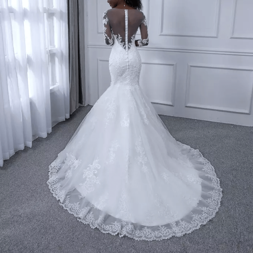 Mesh Three - Fourths Sleeve Mermaid Wedding Dress - Mura Boutique