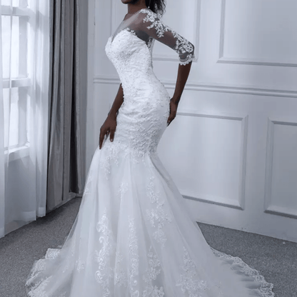 Mesh Three - Fourths Sleeve Mermaid Wedding Dress - Mura Boutique