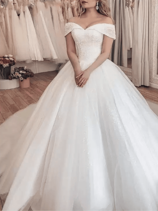 Off Shoulder Beaded Ball Wedding Dress - Mura Boutique