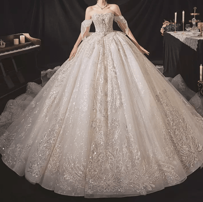 Off Shoulder Big Ribbon Detail Ball Wedding Dress - Mura Boutique