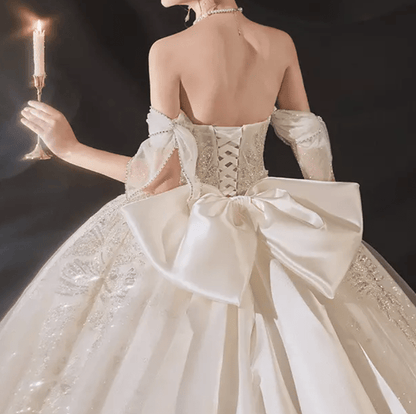 Off Shoulder Big Ribbon Detail Ball Wedding Dress - Mura Boutique