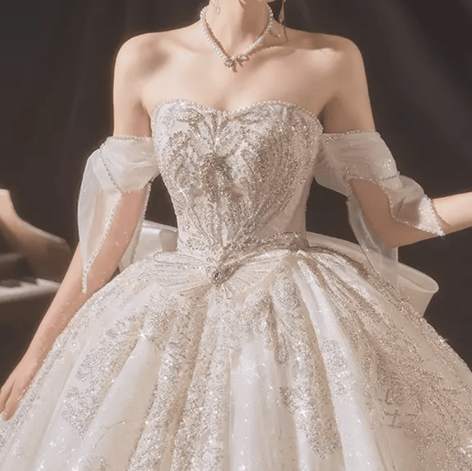 Off Shoulder Big Ribbon Detail Ball Wedding Dress - Mura Boutique