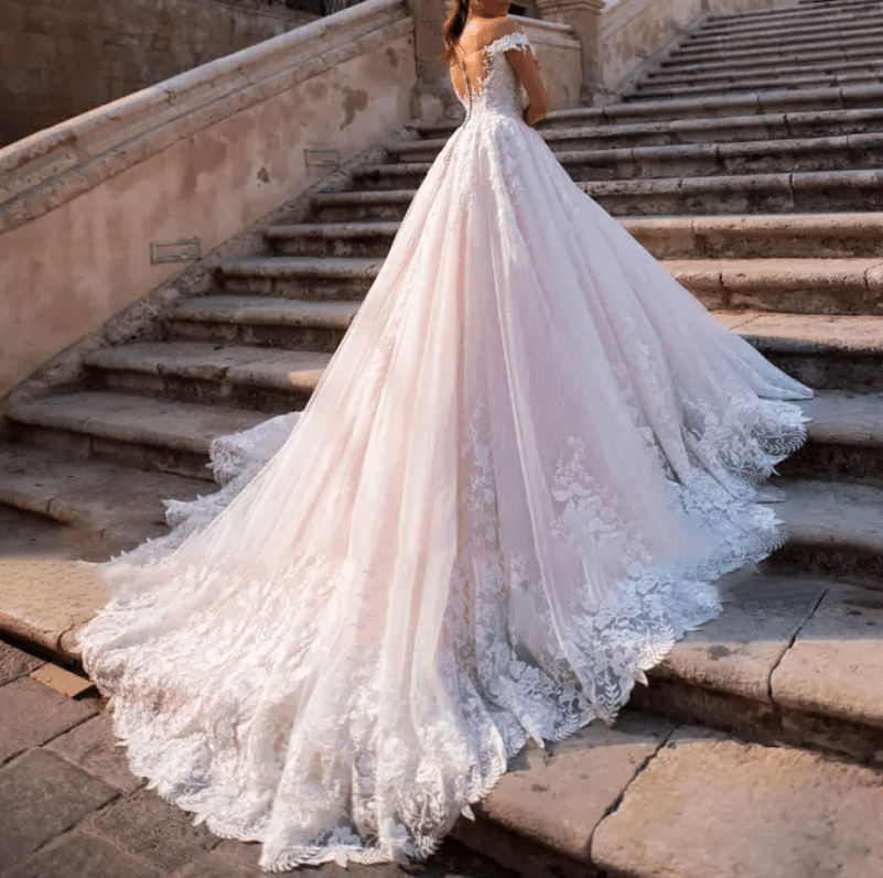 Off Shoulder Cathedral Train Wedding Dress - Mura Boutique