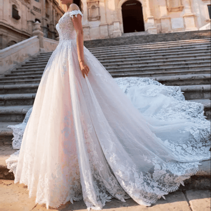 Off Shoulder Cathedral Train Wedding Dress - Mura Boutique