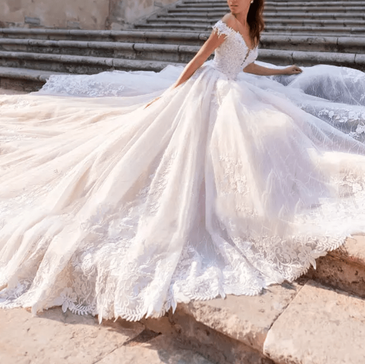 Off Shoulder Cathedral Train Wedding Dress - Mura Boutique