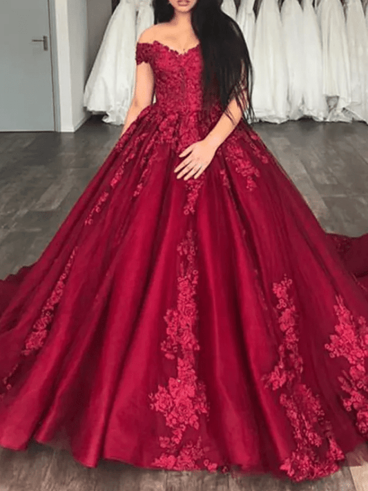 Off Shoulder Floral Embroidery Beaded Ball Evening Gown - Mura Boutique