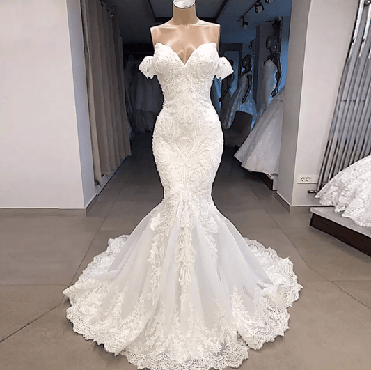 Off Shoulder Floral Lace Mermaid Wedding Dress - Mura Boutique