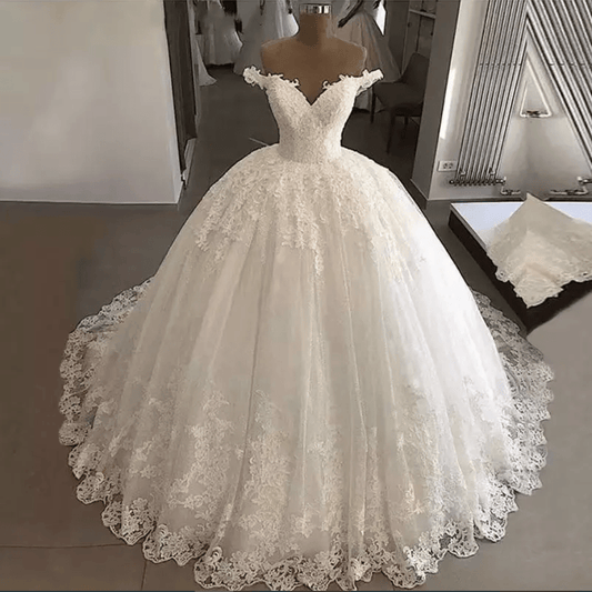 Off Shoulder Floral Lace Sheer Cathedral Train Wedding Dress - Mura Boutique