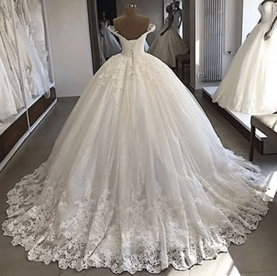 Off Shoulder Floral Lace Sheer Cathedral Train Wedding Dress - Mura Boutique