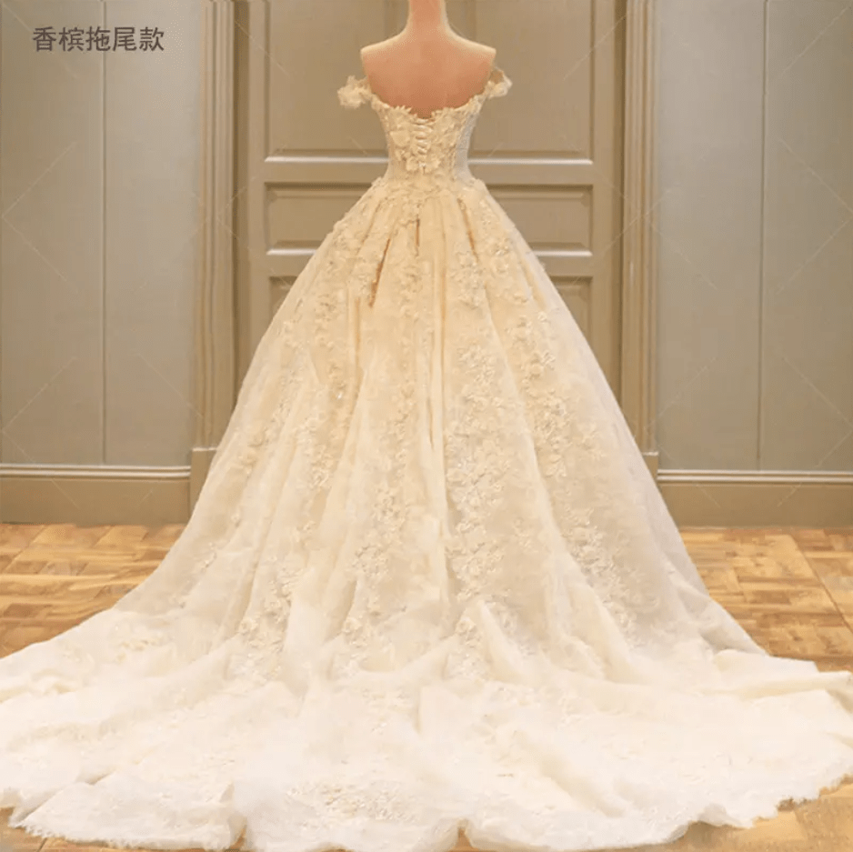 Off Shoulder Flower Embossed Cathedral Train Wedding Dress - Mura Boutique