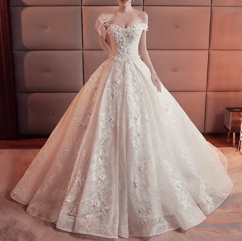 Off Shoulder Flower Embossed Cathedral Train Wedding Dress - Mura Boutique