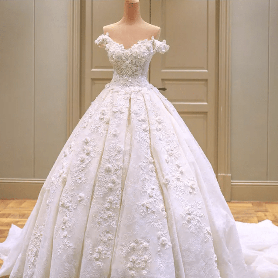 Off Shoulder Flower Embossed Cathedral Train Wedding Dress - Mura Boutique