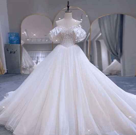 Off Shoulder Ribbon Beaded Cathedral Train Wedding Dress - Mura Boutique