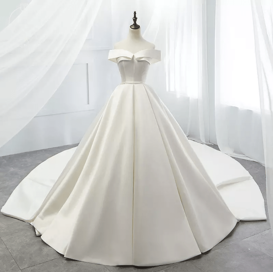 Off Shoulder Satin Ball Wedding Dress - Mura Boutique