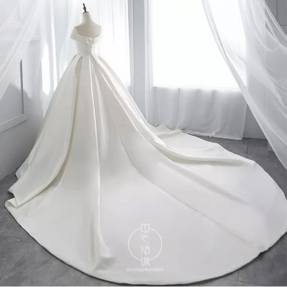 Off Shoulder Satin Ball Wedding Dress - Mura Boutique