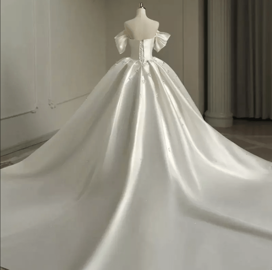 Off Shoulder Satin Crystal Detail Cathedral Train Wedding Dress - Mura Boutique