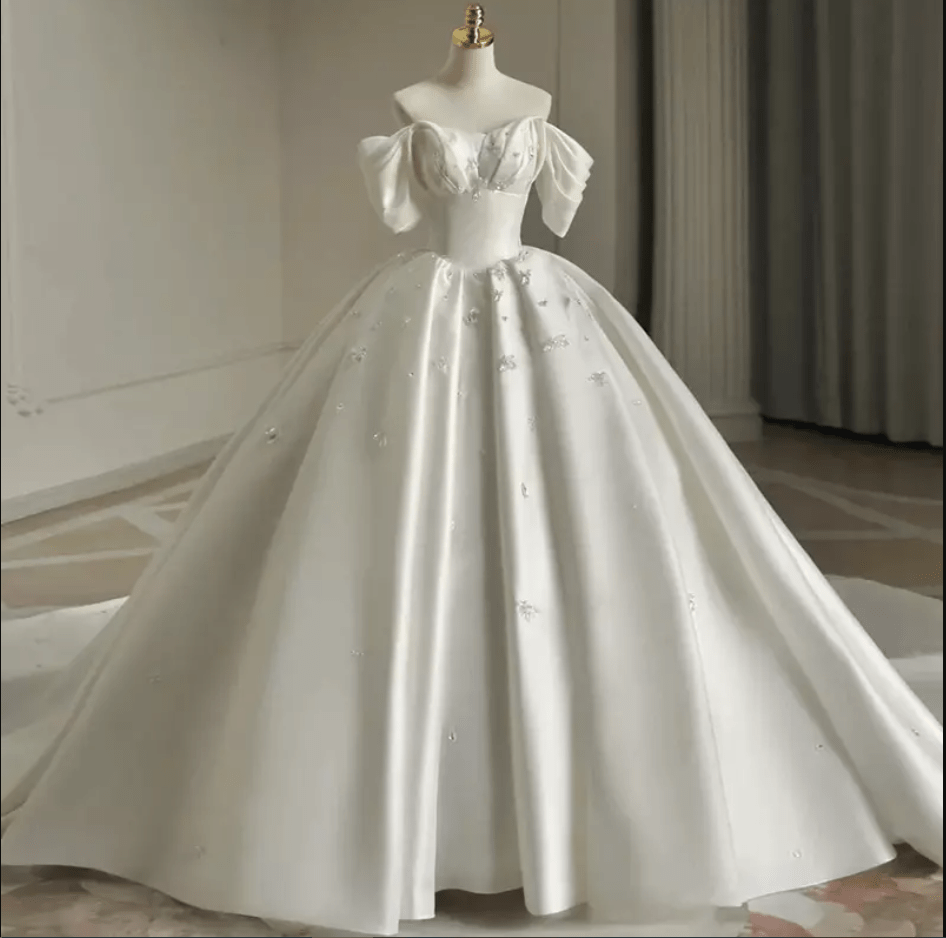 Off Shoulder Satin Crystal Detail Cathedral Train Wedding Dress - Mura Boutique