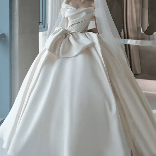 Off Shoulder Satin Layered Cathedral Train Wedding Dress - Mura Boutique