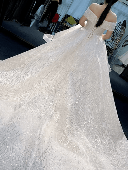 Off Shoulder Sequin Ball Wedding Dress - Mura Boutique