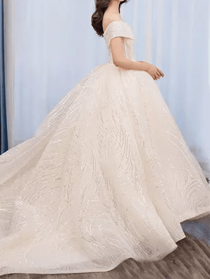 Off Shoulder Sequin Ball Wedding Dress - Mura Boutique