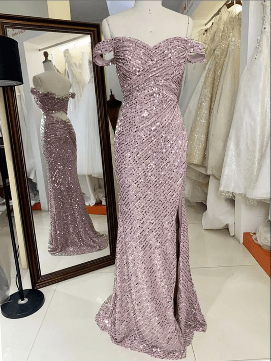 Off Shoulder Sequin Slit Back and Front Evening Gown - Mura Boutique