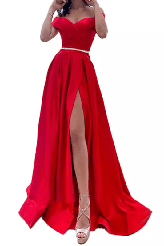 Off Shoulder Slit Evening Gown - Mura Boutique