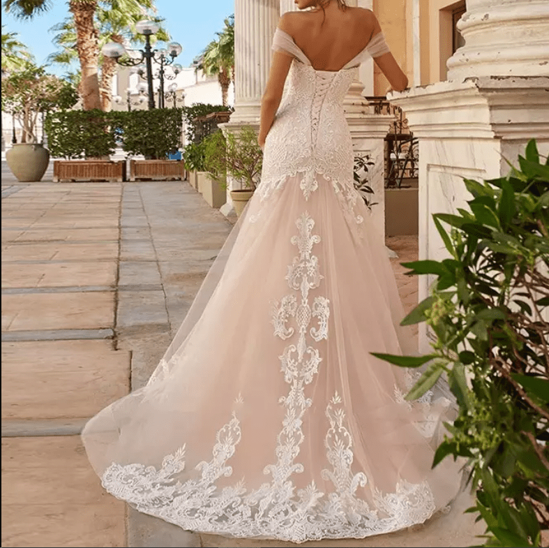 Pink Off Shoulder Mermaid Wedding Dress - Mura Boutique