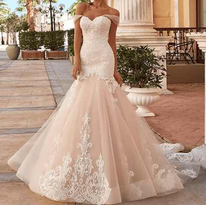 Pink Off Shoulder Mermaid Wedding Dress - Mura Boutique