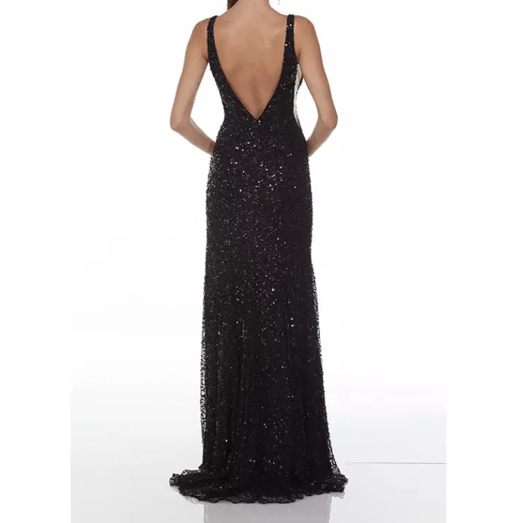 Plunging Neckline Beaded Slit Evening Gown - Mura Boutique