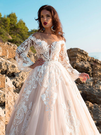 Princess Wedding Dress A Line Lace Appliqued Puff Sleeves Bride Dress With Long Train - Mura Boutique