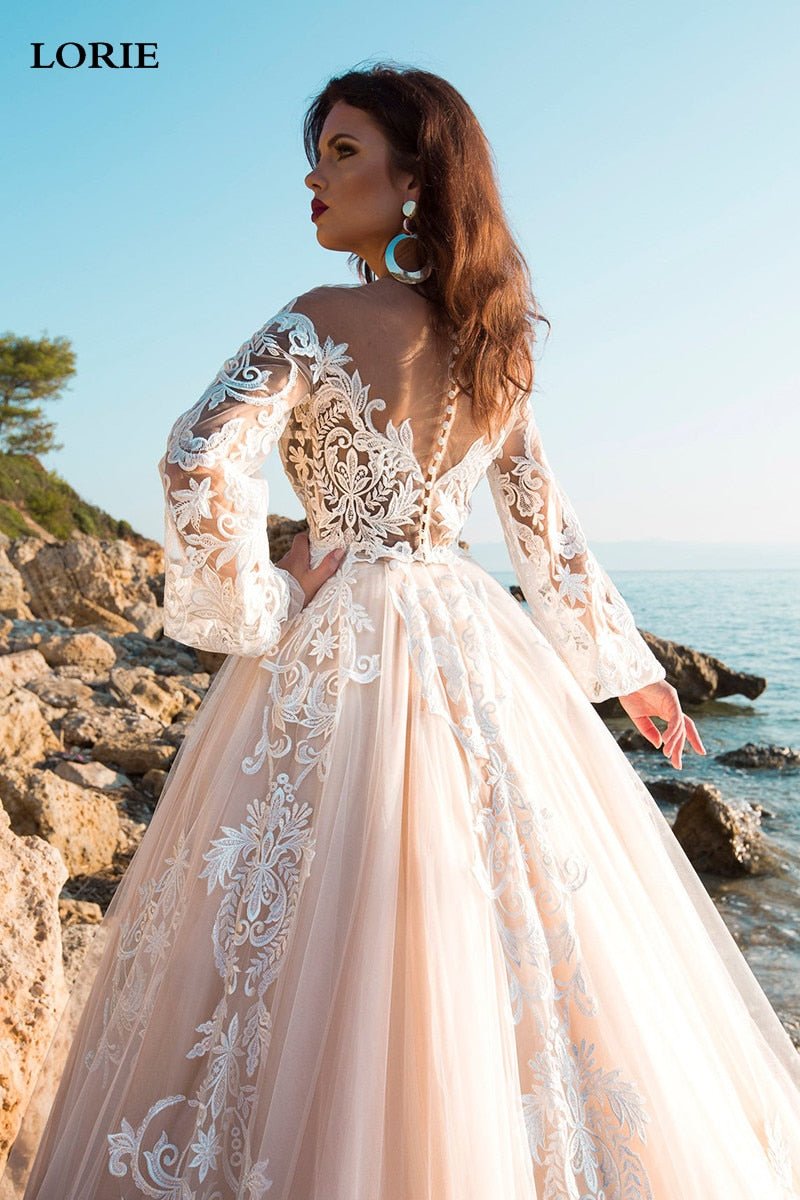 Princess Wedding Dress A Line Lace Appliqued Puff Sleeves Bride Dress With Long Train - Mura Boutique