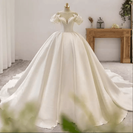 Ruffle Sleeve Satin Ball Wedding Dress - Mura Boutique