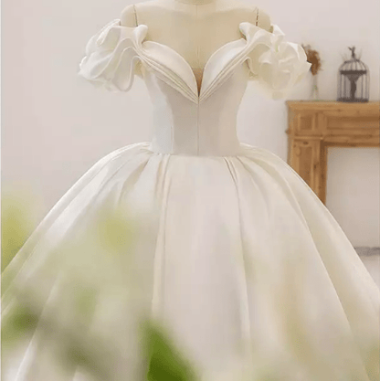 Ruffle Sleeve Satin Ball Wedding Dress - Mura Boutique